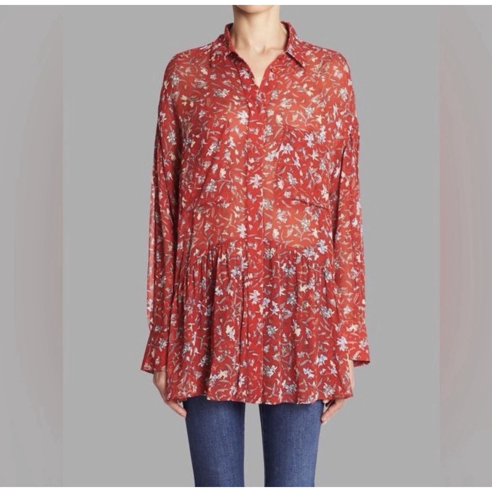 IRO Bedford Camp Top S 36 Womens Ruffle Peplum Printed Red Viscose Boho Blouse